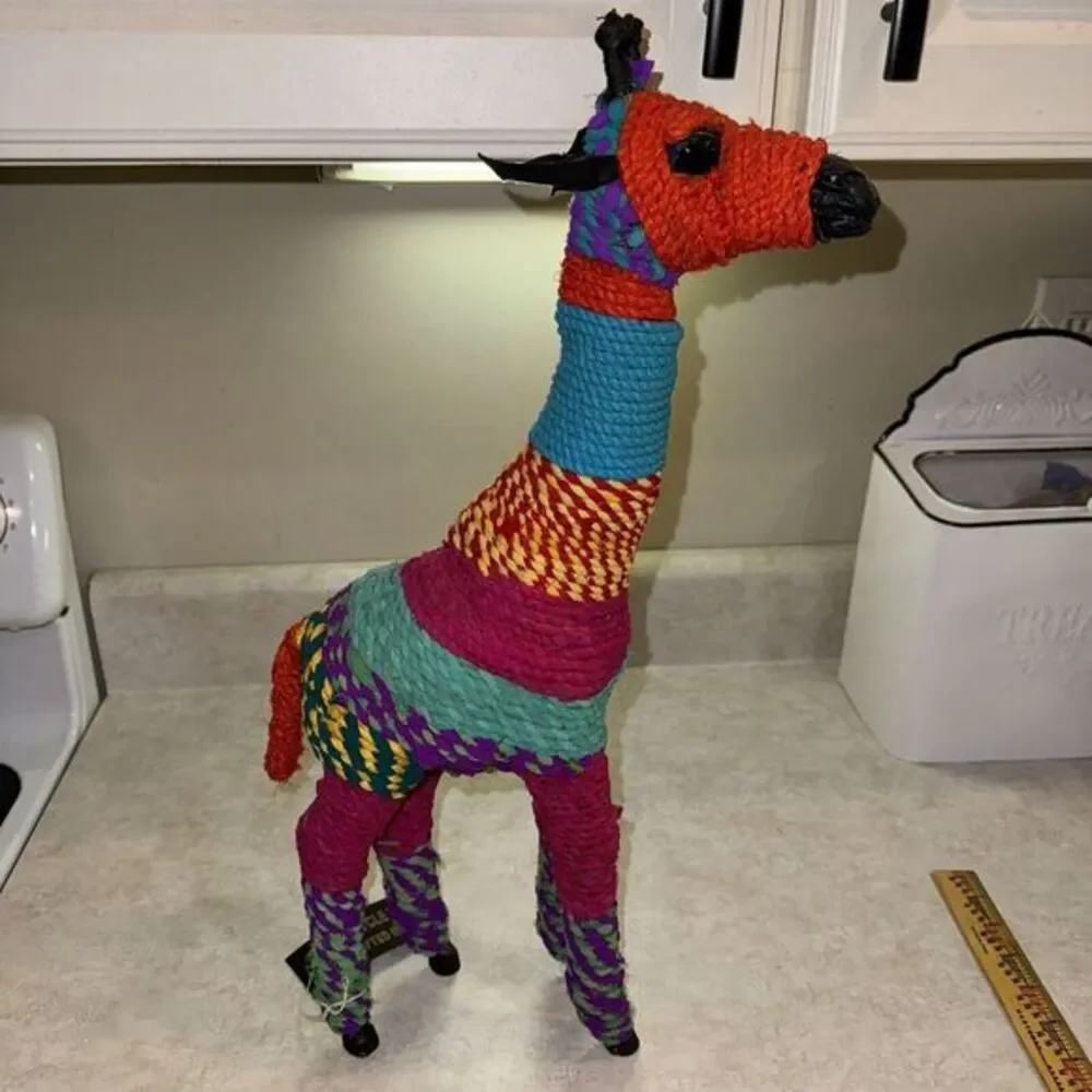 Handcrafted Giraffe Figurine Recycled Yarn Multicolor‎ India Boho Decor 12in